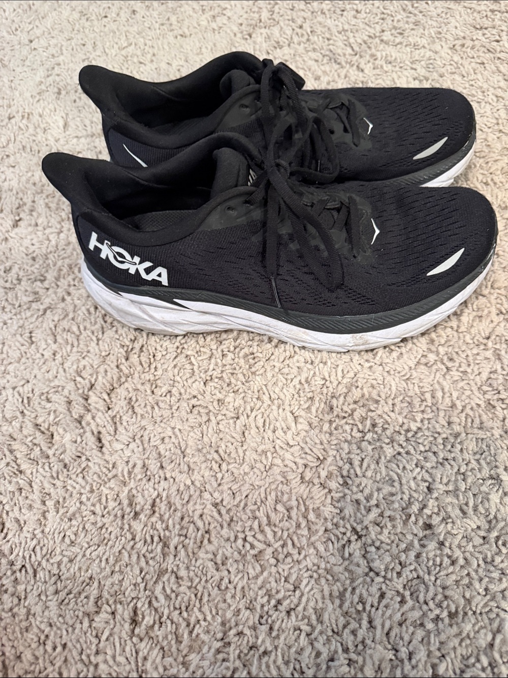 Hoka Women’s Clifton 8 Black and White Athletic Shoes
